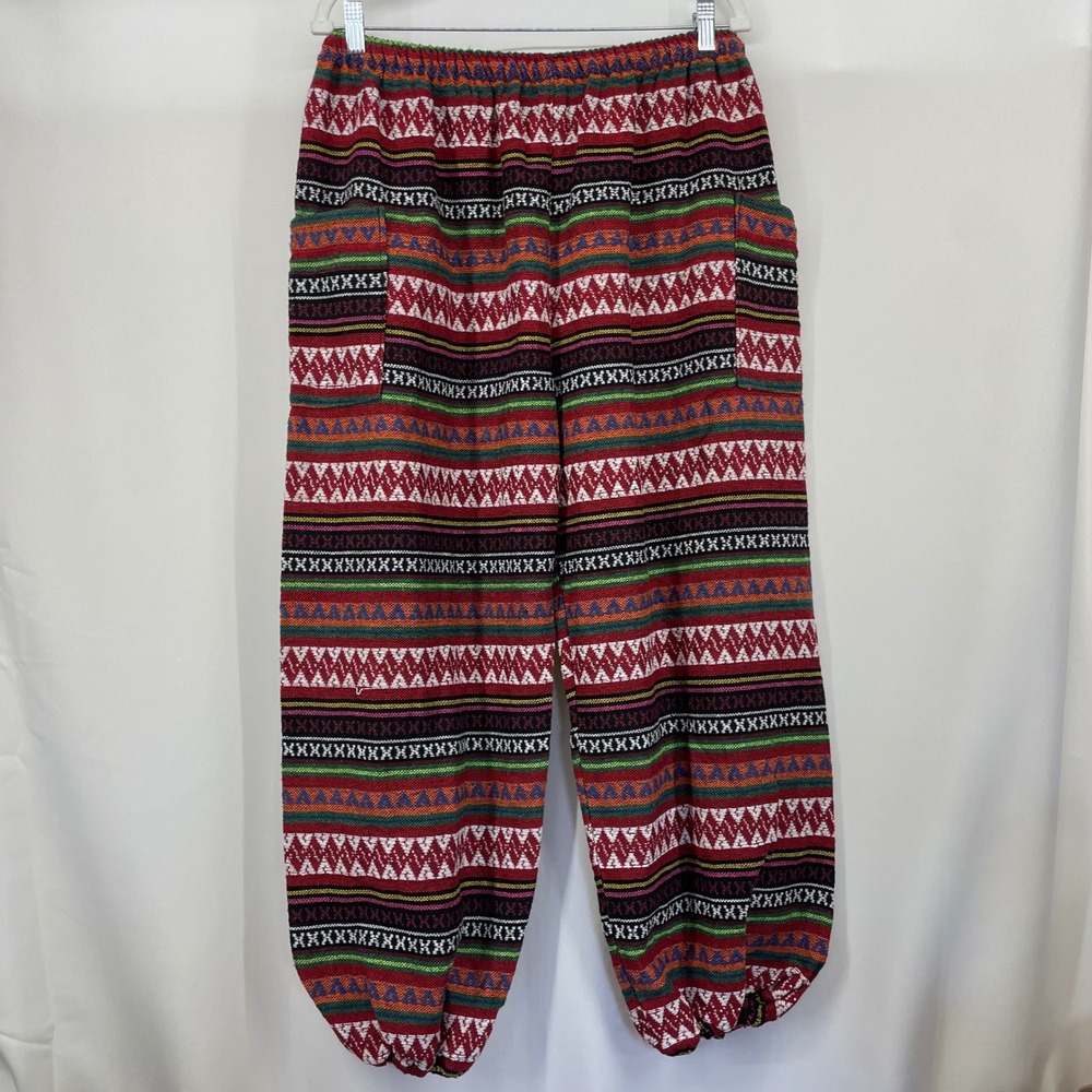 Size L/XL Boho Tribal‎ Striped Cotton Harem Pants Red Pull on Drawstring Joggers - Picture 5 of 6